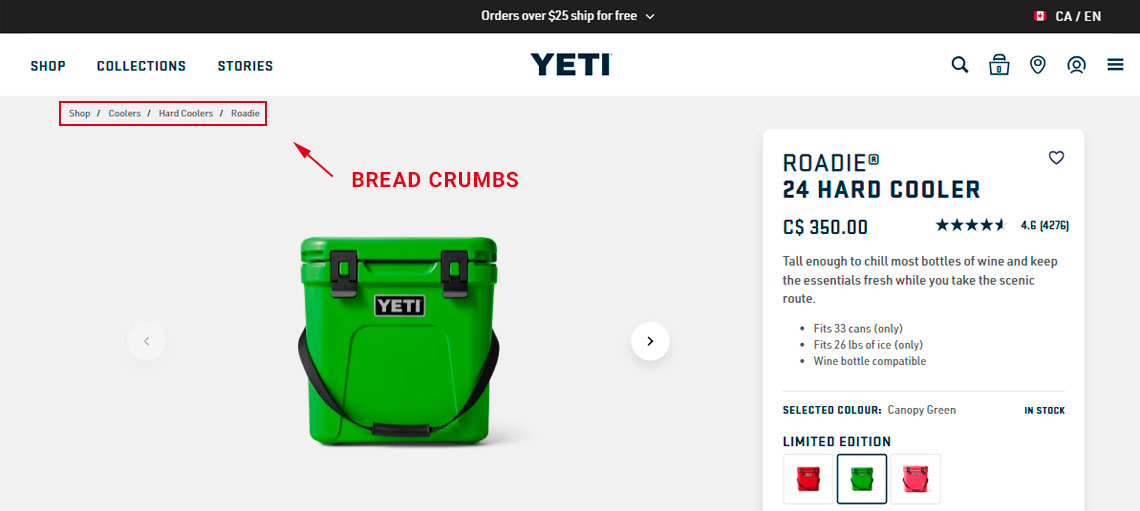 Product page example - screenshot showing the importance of breadcrumbs on a product page