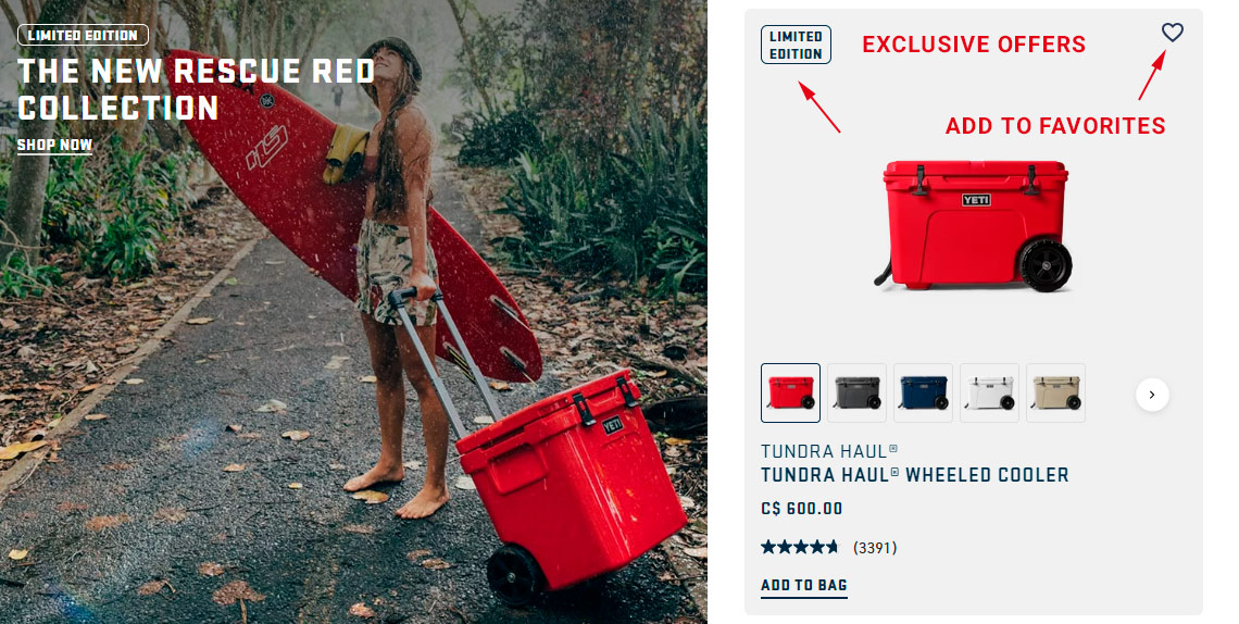 Product page example - Sections with exclusive offers and add to favorites button increase conversion rate